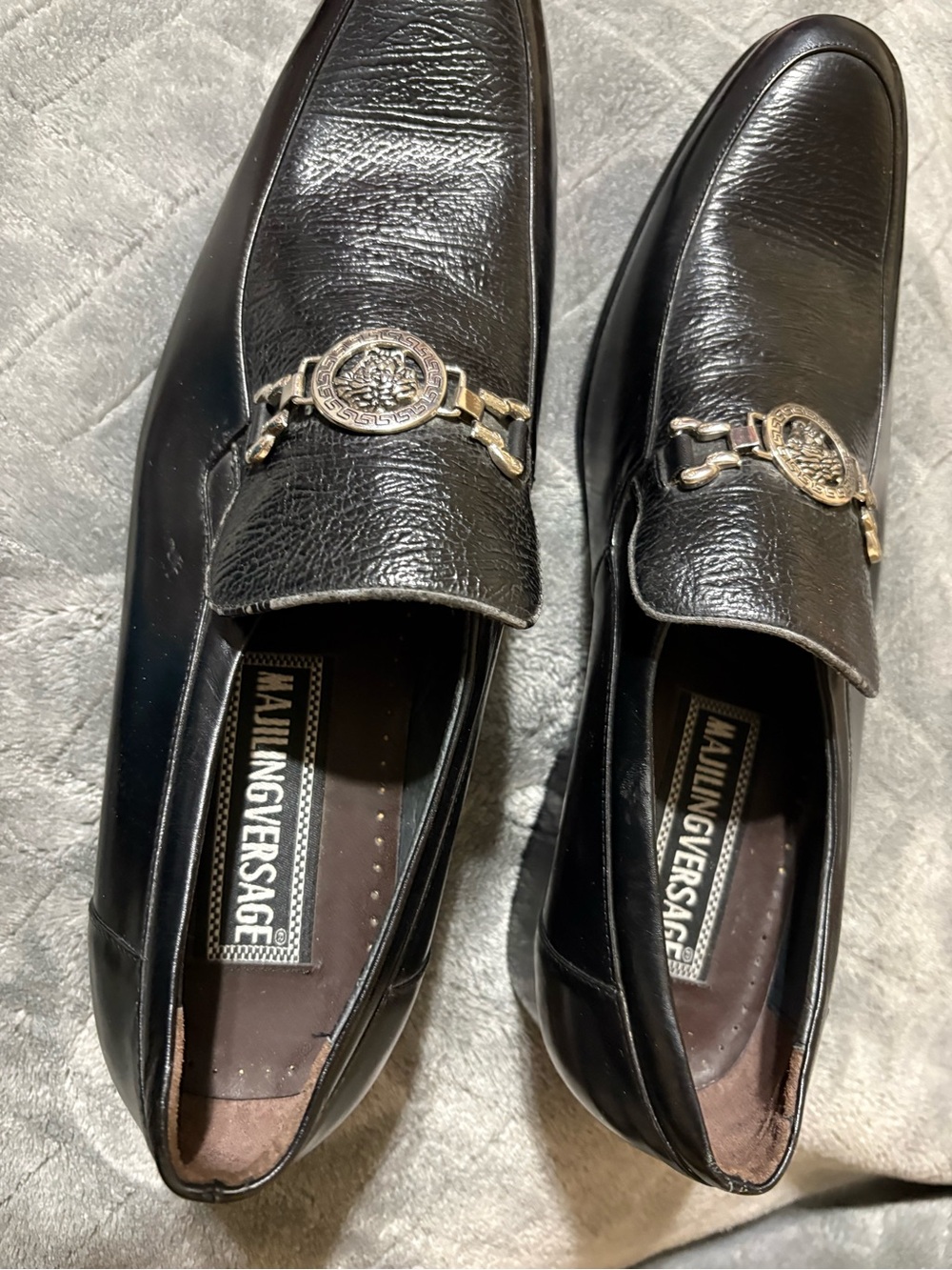Majiling Versace Men's Black Leather Slip-On Loafers with Silver Bit Accent